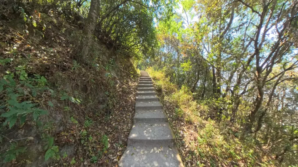 Narrow stairway path leading up to Nagi Gumba surrounded by hills