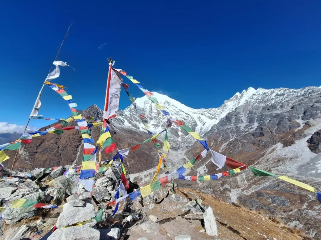 Majestic Tserkori peak rising above the Langtang Valley with rocky snow-dusted slopes
