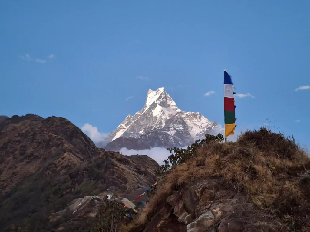 Panoramic view of Machhapuchhare with alpine landscape on the way to Mardi Base Camp