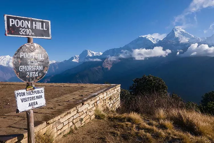 View from Poon Hill viewpoint at 3210 meters showcasing signposts and panoramic Himalayan mountains under a clear blue sky in Nepal