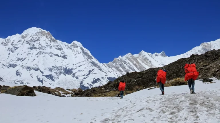Three hikers with red backpacks trek across snowy terrain towards towering, snow-covered mountains under a clear blue sky, conveying adventure.