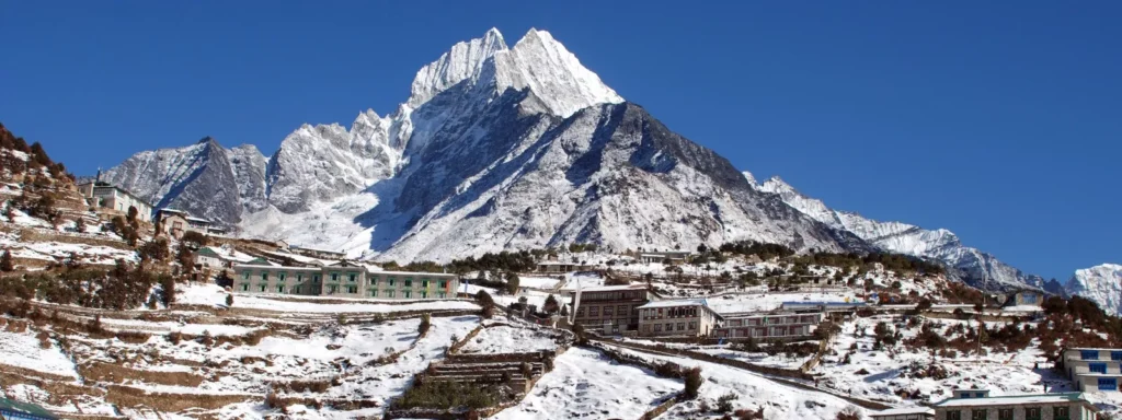 Snow-covered Thamserku peak seen from Namche Bazaar
