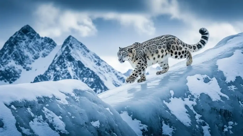 A majestic snow leopard with thick, spotted fur prowls across a jagged, ice-covered mountain ridge. In the background, sharp, snow-dusted mountain peaks rise against a cloudy, dramatic blue-toned sky. The leopard is shown in a side profile, showcasing its long, bushy tail and powerful paws.