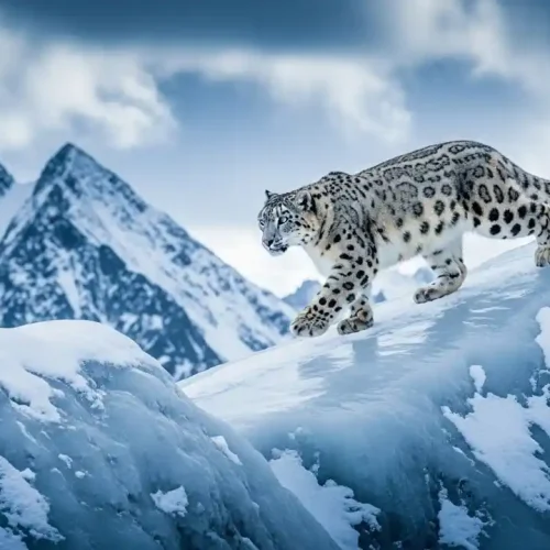 A majestic snow leopard with thick, spotted fur prowls across a jagged, ice-covered mountain ridge. In the background, sharp, snow-dusted mountain peaks rise against a cloudy, dramatic blue-toned sky. The leopard is shown in a side profile, showcasing its long, bushy tail and powerful paws.