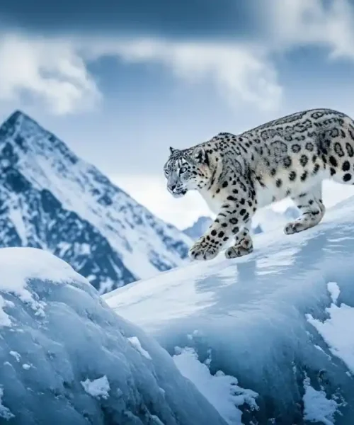 A majestic snow leopard with thick, spotted fur prowls across a jagged, ice-covered mountain ridge. In the background, sharp, snow-dusted mountain peaks rise against a cloudy, dramatic blue-toned sky. The leopard is shown in a side profile, showcasing its long, bushy tail and powerful paws.